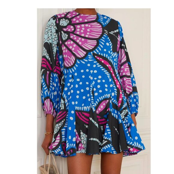 NEW RHOD ELLA FLOWY MINI DRESS IN PURPLE PSYCHEDELIC FLOWER PRINT SIZE M - Picture 2 of 10